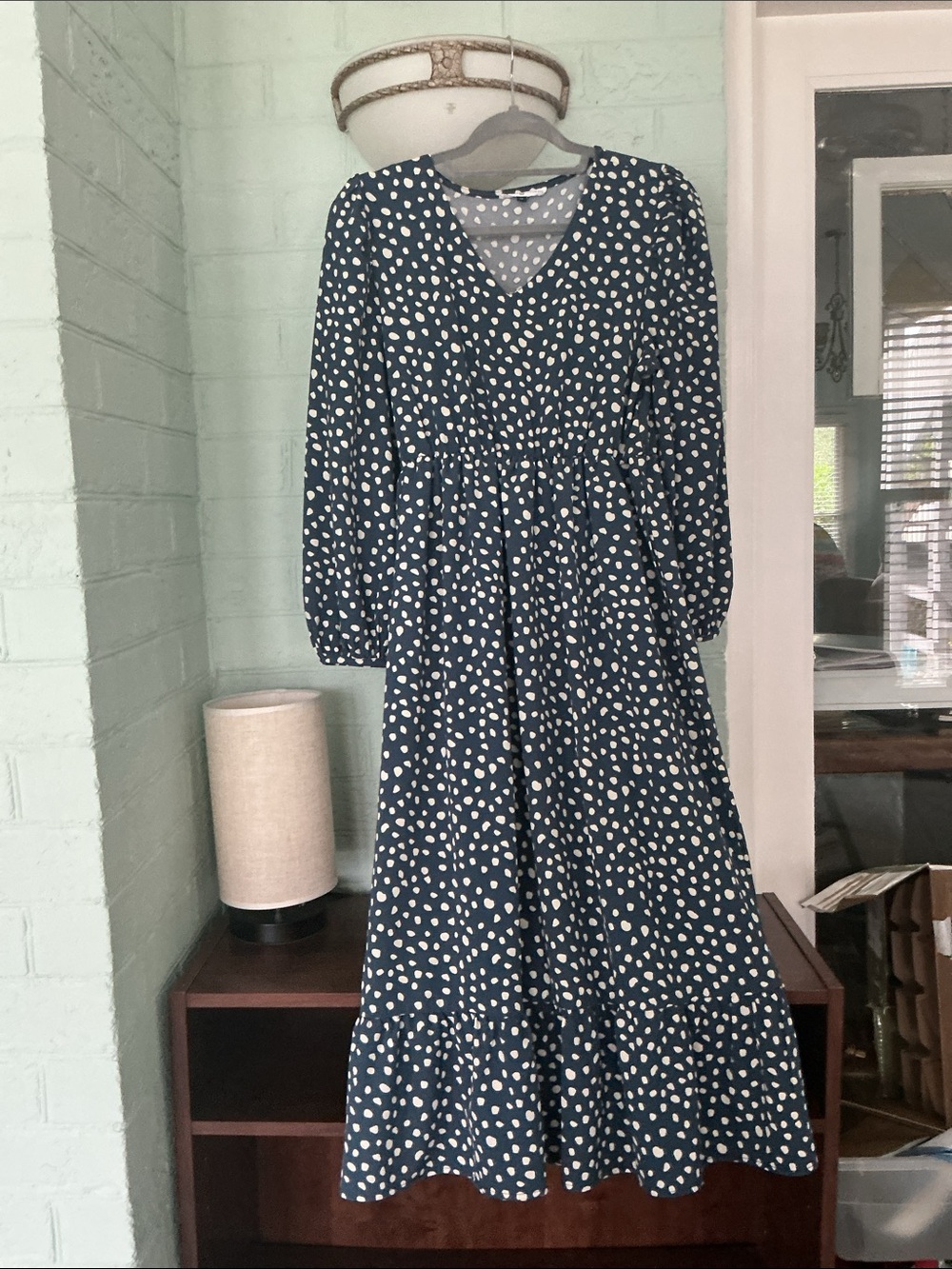 Michelle McDowell  Long Sleeve Blue Polka Dot Maxi Dress